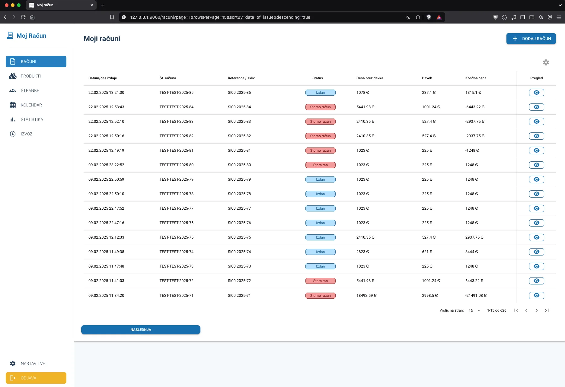Moj Račun invoicing app — invoice list with FURS fiscal verification